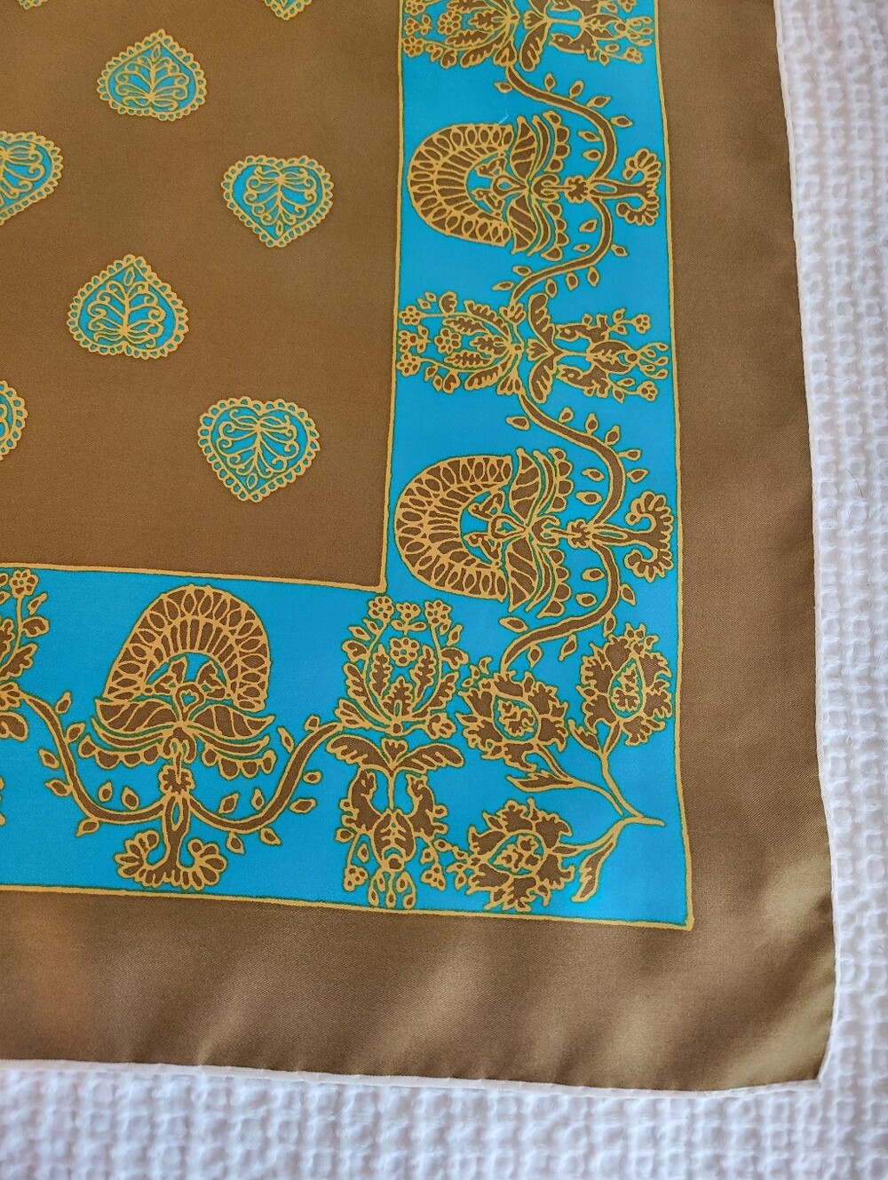 Vintage Silk Scarf in Olive Green and Turquoise,hand Rolled Edges,31X31 Inches. - Picture 4 of 9